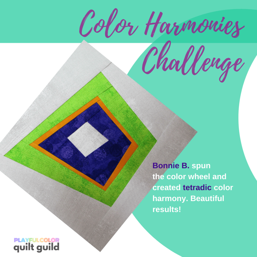 Photo of a quilt block made with lime green, purple/blue, and orange fabric with a gray background. Shows an example of a tetradic color harmony.