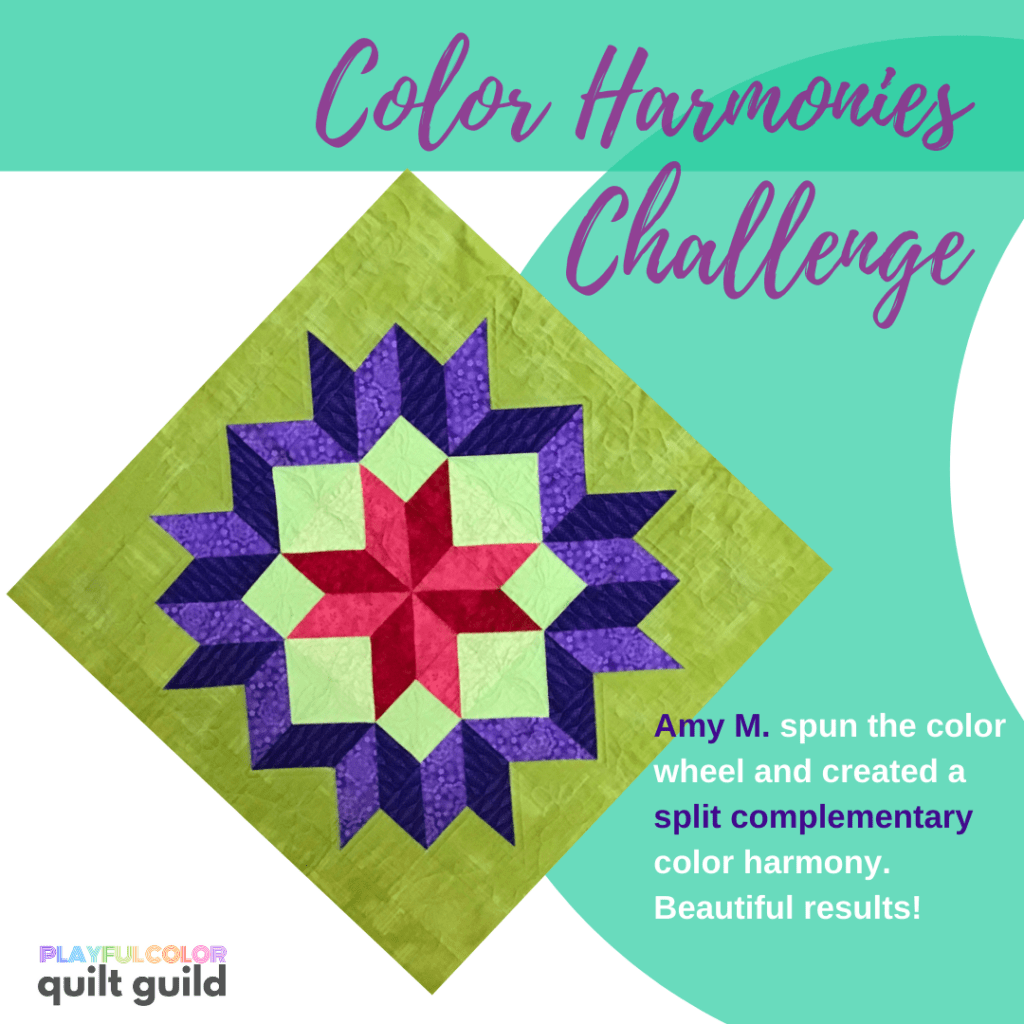 A quilt block made with violet, red and green fabrics.