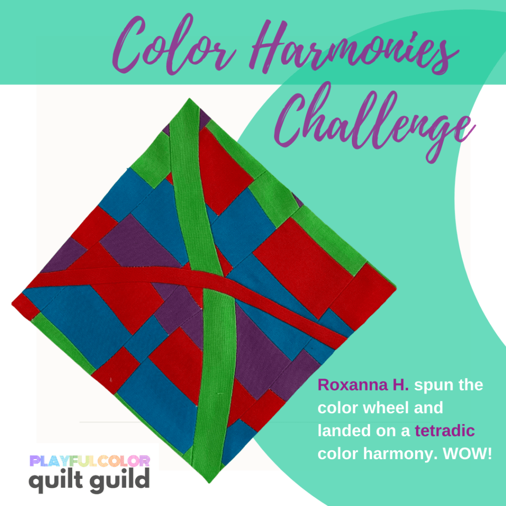 Improvisational quilt block made with red, green, blue and purple fabrics in the wonky shapes.