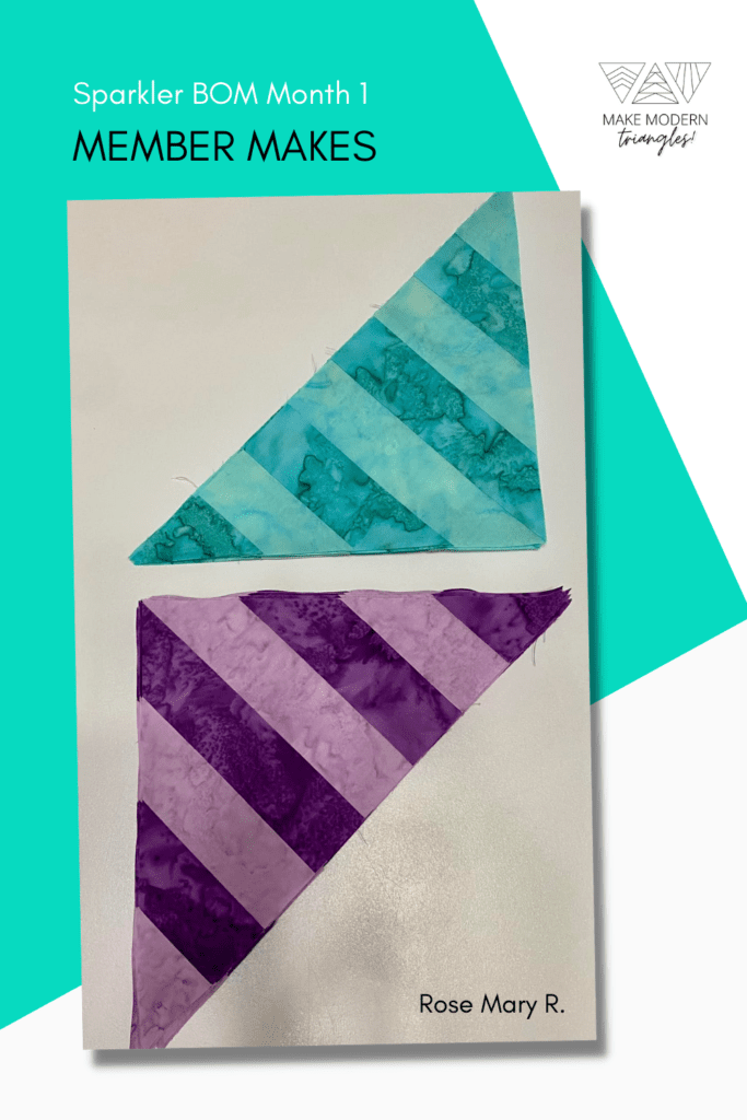 Sparkler BOM Month 1 member make triangle blocks. Purple and teal color palette.