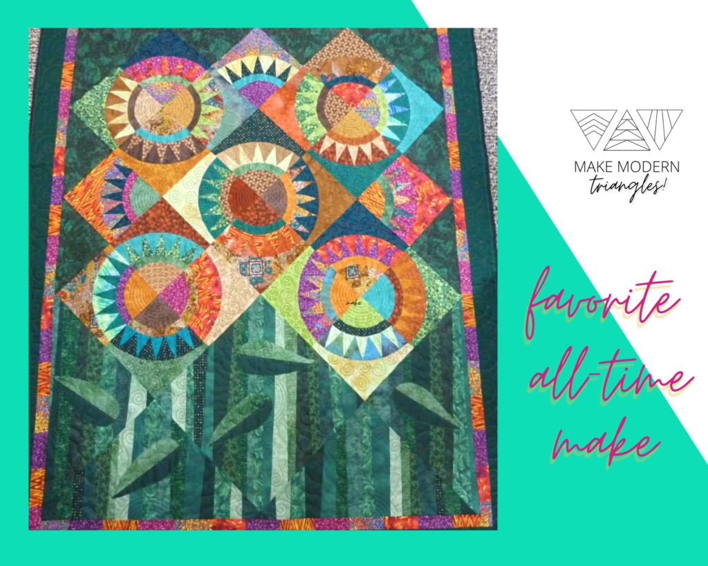 A traditional New York Beauty quilt pattern made with brightly colored fabrics with a modern feel. Member's answer to question "What is your favorite quilt make of all time?"