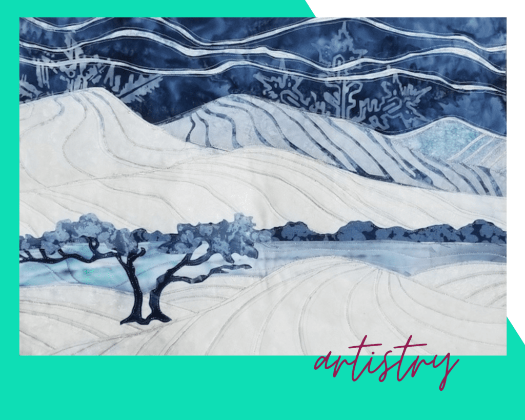 Member spotlight on a winterscape art quilt using applique and curved piecing methods.