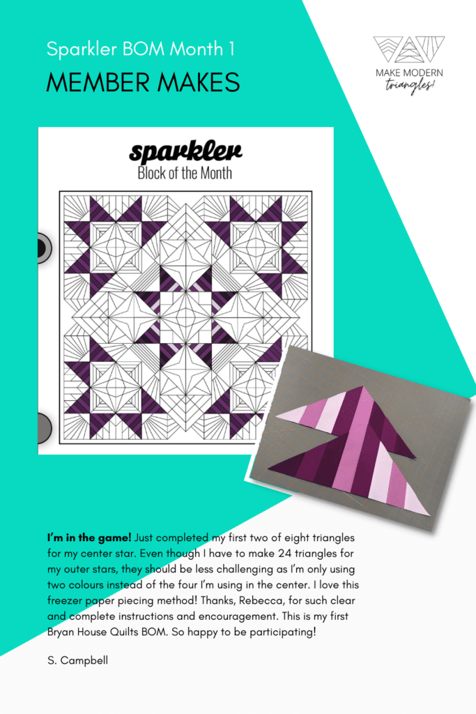 Sparkler BOM Month 1 member make triangle blocks and coloring page showing progress