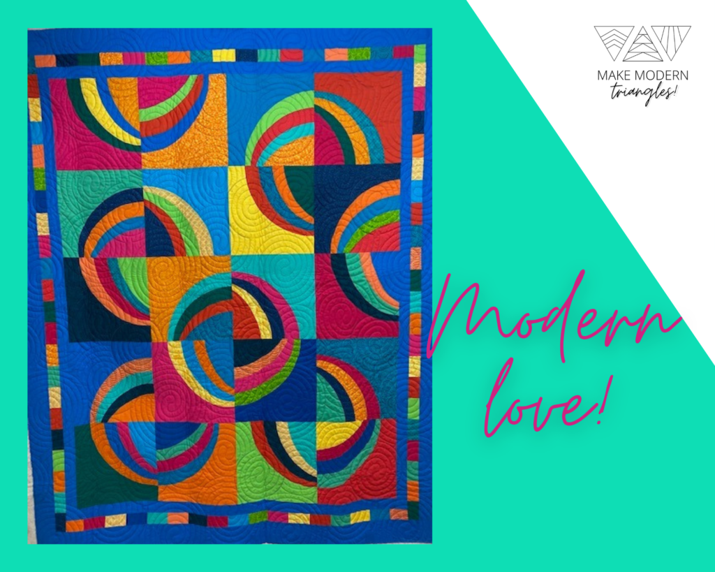 Make Modern Triangles featured member photo of an improvisational wonky circles blocks in bright colors.