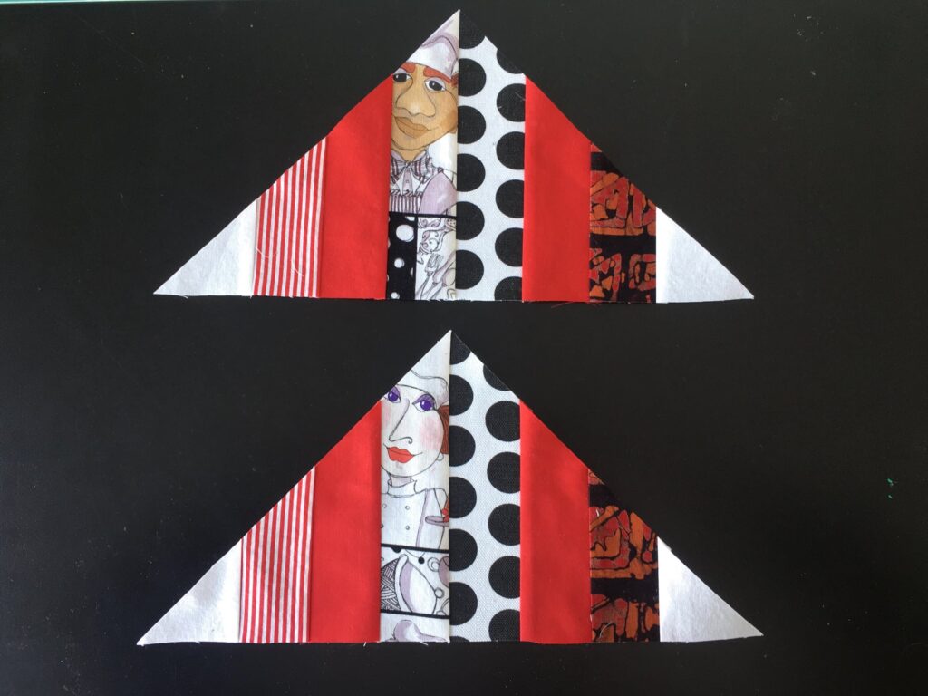 Test blocks for Sparkler BOM month 1  made by a member with red, white and black fabrics.