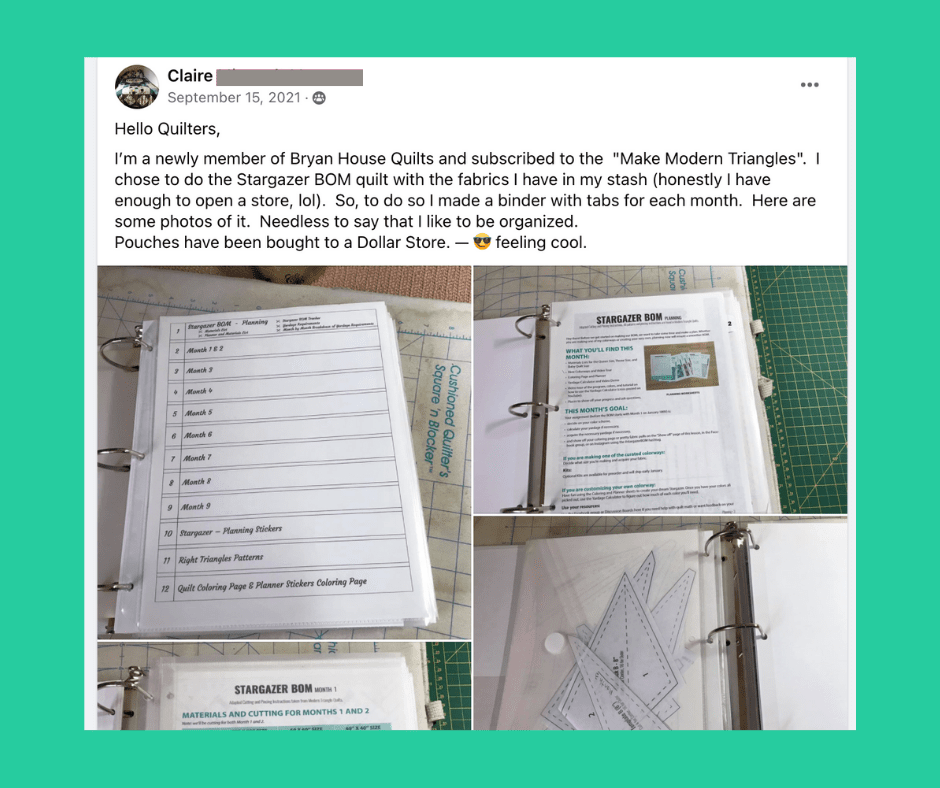 Facebook post includes photos about how to organize foundation piecing quilt projects in a binder.