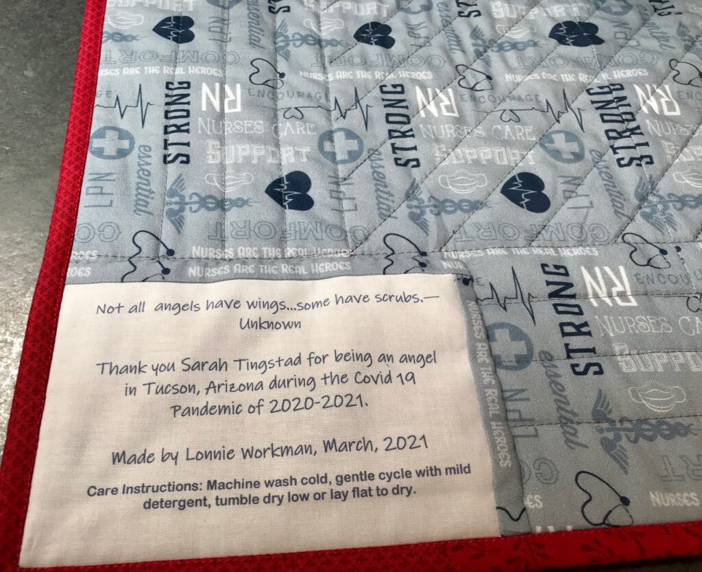 Member spotlight gallery features a quilt with text about nurses as a tribute to a nurse and made by Lonnie.