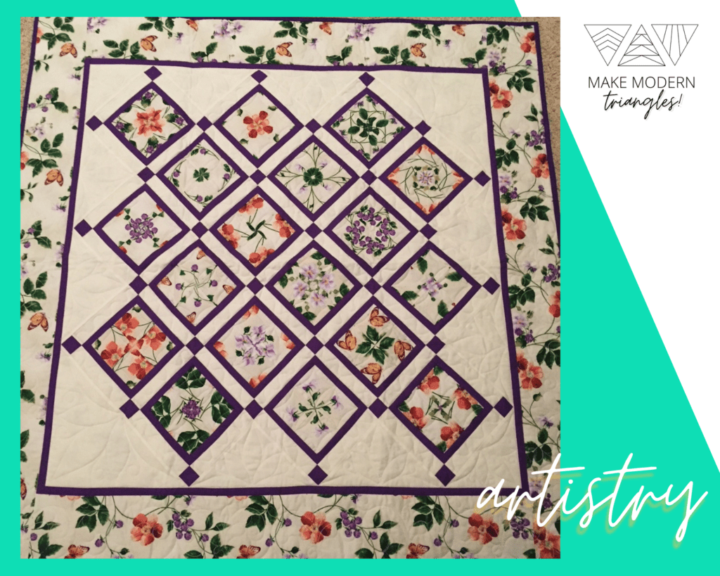 Traditional quilt made by fussy cutting print motifs and piecing.