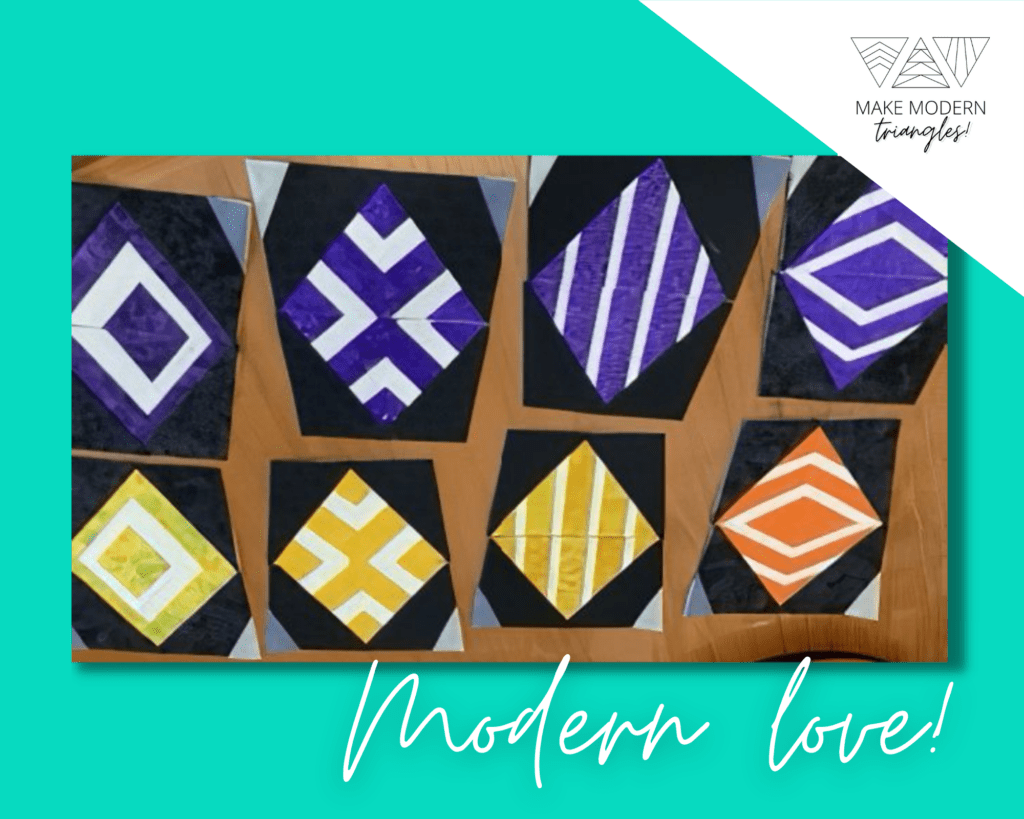 Purple, yellow and orange modern quilt blocks made by member of Make Modern Triangles.