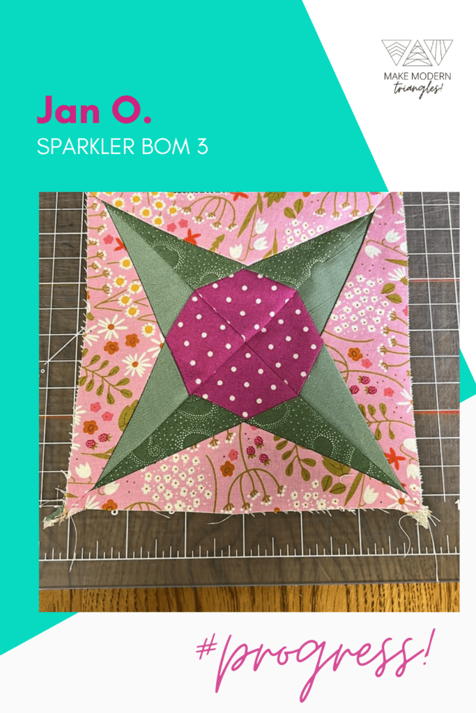 Sparkler BOM month 3 triangle blocks sewn in a set of four in a pink and green fabric palette.