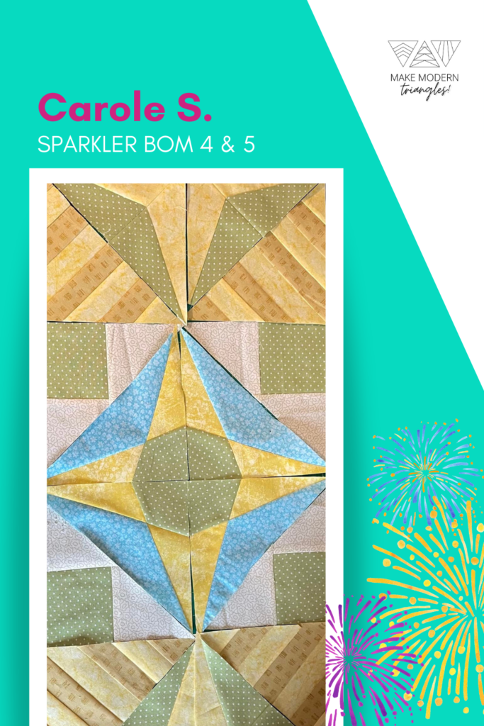 Sparkler BOM month 4 blocks assembled in the center medallion by Make Modern Triangles member.