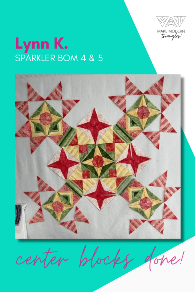 Sparkler BOM month 4 blocks sewn together to form the center medallion.