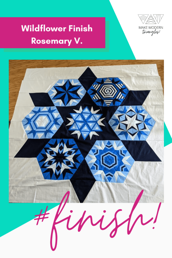 Wildflower quilt pattern made by a Make Modern Triangles member in a variety of blue fabrics. 