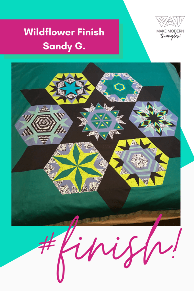 Wildflower triangle quilt made by a Make Modern Triangles member in ultra bright yellows, greens and soft purple fabrics. .