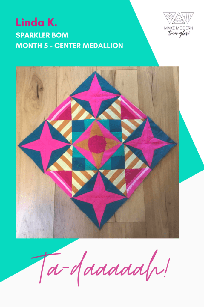 Sparkler BOM 5 center medallion in bright pink, orange, pale yellow, teal and blue.