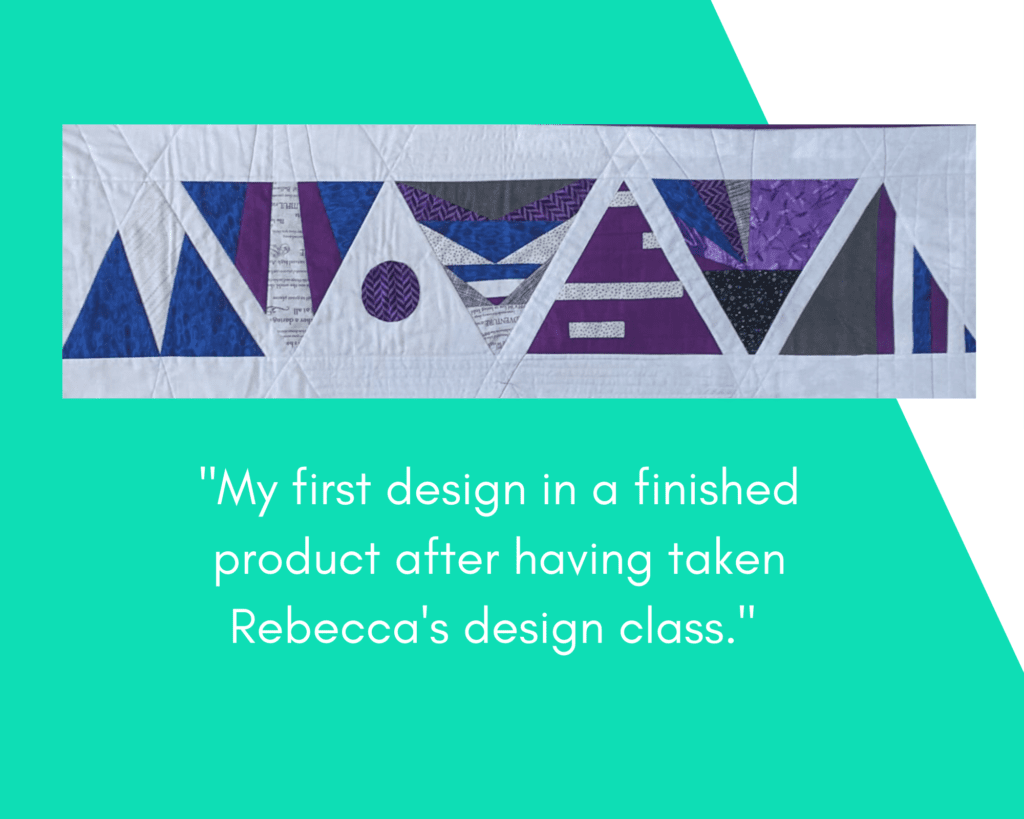 Karen Sykes' first triangles design in the Make Modern Triangles program. White background with blue, purple and green triangles