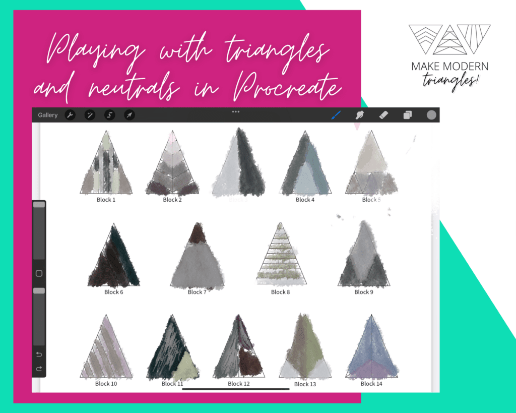 Marilyn W., member spotlight for Make Modern Triangles, shows her work using Procreate and modern triangles to explore gray color palettes.