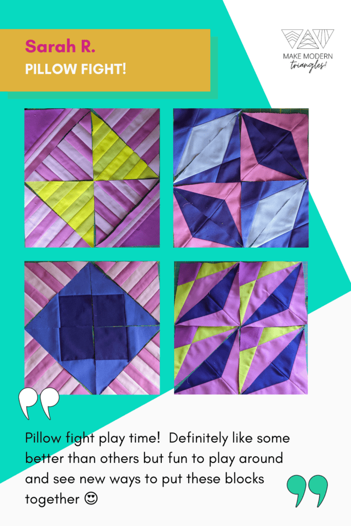 Pillow Fight sample in bright multi-colored solid fabrics: bright pink, chartreuse, magenta, royal blue and navy blue.