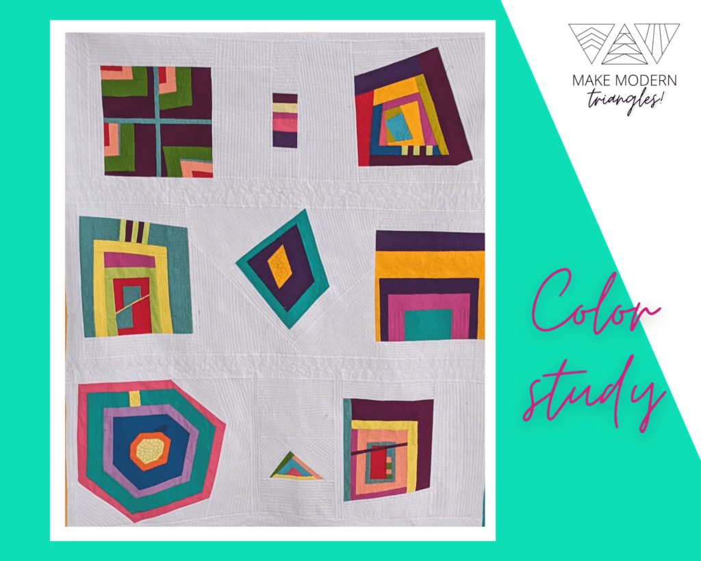 Improv-designed quilt used as a color study in the Playful Color quilt guild. Bright orange, teal, red, peac, navy and violet color palette.