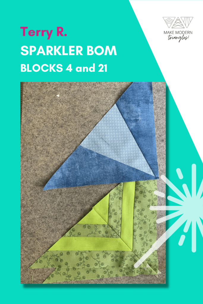 Photo of Make Modern Triangles member's Sparkler BOM blocks 4 and 21 made in chartreuse, green, light blue and indigo fabrics.