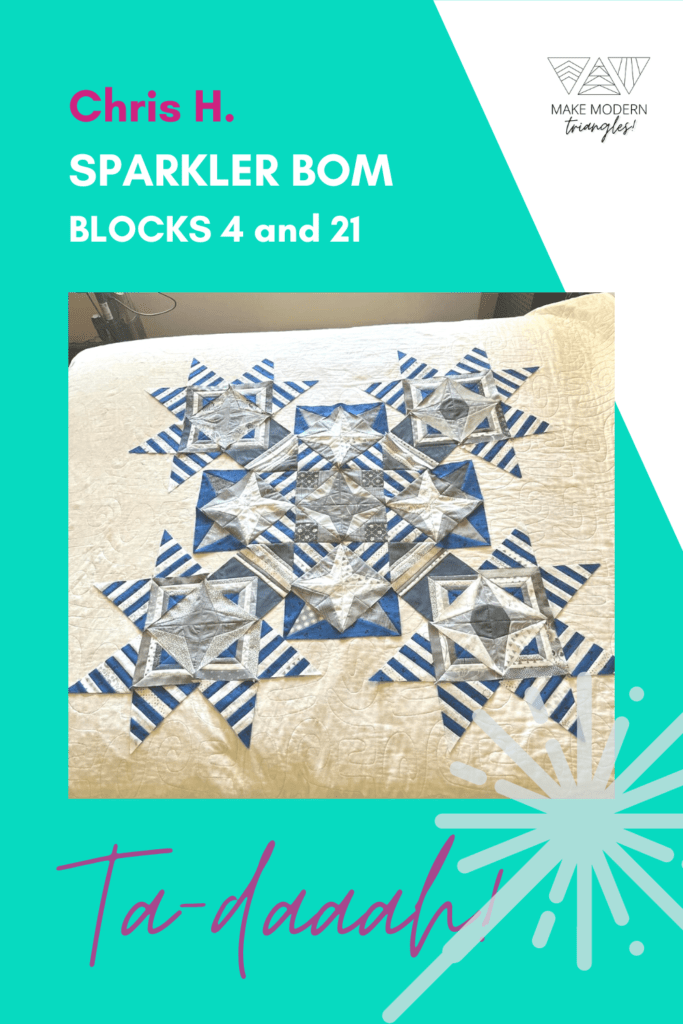 Photo of Make Modern Triangles member's Sparkler BOM blocks 4 and 21 made in blue and gray fabrics.