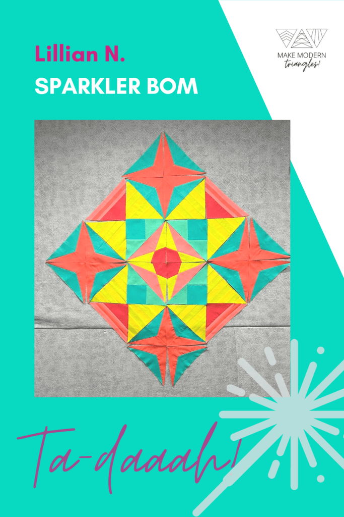 Sparkler BOM member made the quilt's center medallion made in yellow, bright orange and green fabrics. 