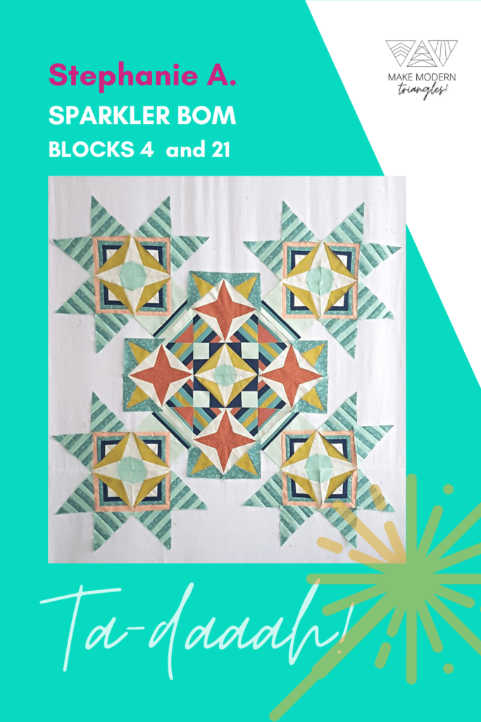 Photo of Make Modern Triangles member's Sparkler BOM blocks 4 and 21 made in yellow, rust, sage green, gold and navy fabrics. 