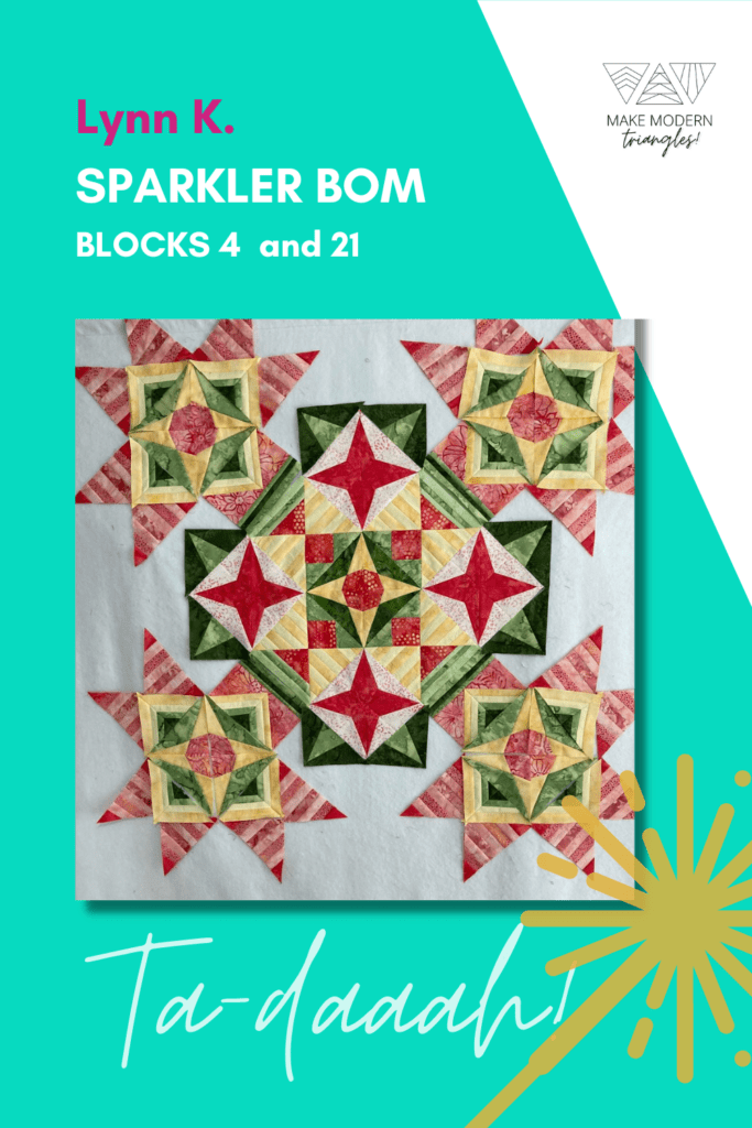 Photo of Sparkler BOM member's quilt blocks 4 and 21 made in yellow, green and red fabrics. 