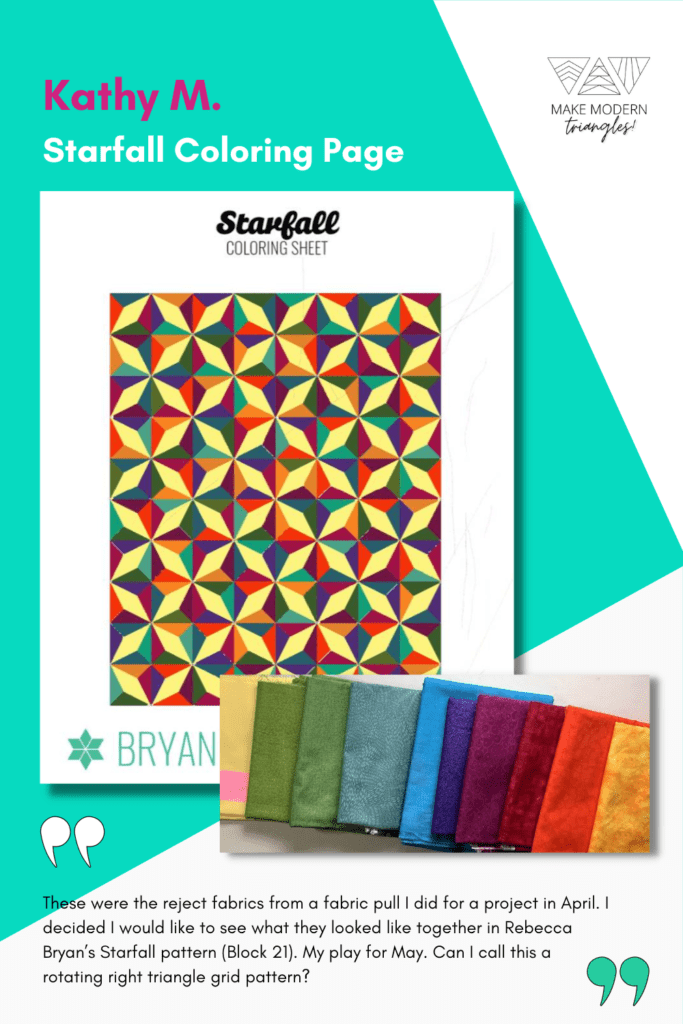 Make Modern Triangles member shows fabric selection and coloring page for the Starfall quilt.