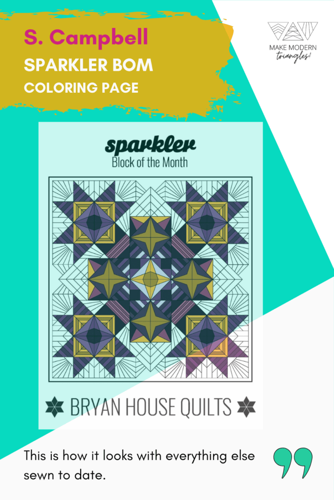 Photo of Make Modern Triangles member's Sparkler BOM coloring page with completed fabric blocks colored in.