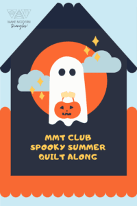 Spooky Summer Quilt Along title graphic with a cartoon ghost.