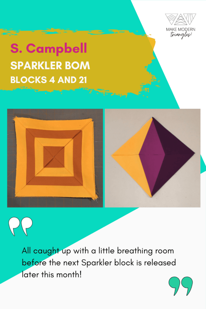 Photo of Make Modern Triangles member's Sparkler BOM blocks 4 and 21 made in orange, rust, magenta and brown fabrics.