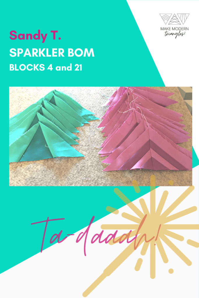 Photo of Make Modern Triangles member's Sparkler BOM blocks 4 and 21 made in green, teal, rose and burgundy fabrics.