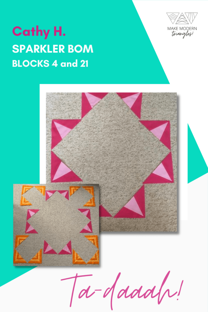 Photo of Make Modern Triangles member's Sparkler BOM blocks 4 and 21 made in pink and orange fabric.