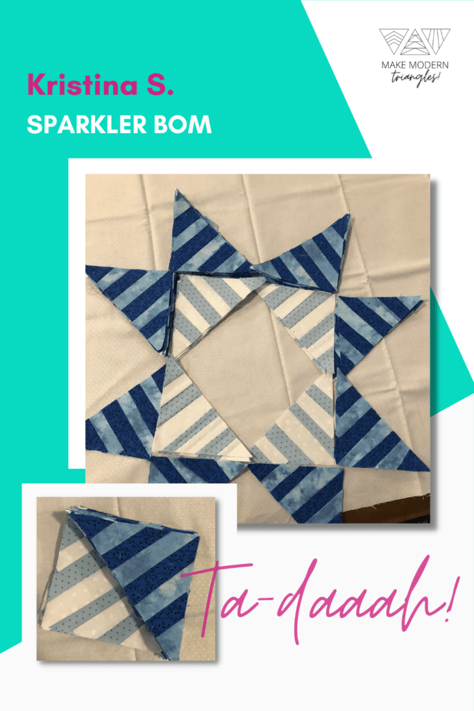 Photo of Make Modern Triangles member's Sparkler BOM blocks 4 and 21 made in blue and neutral fabrics.