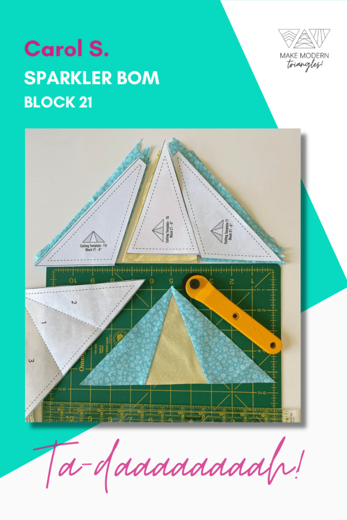 Photo of Make Modern Triangles member's Sparkler BOM blocks 4 and 21 made in aqua and light yellow fabrics. 