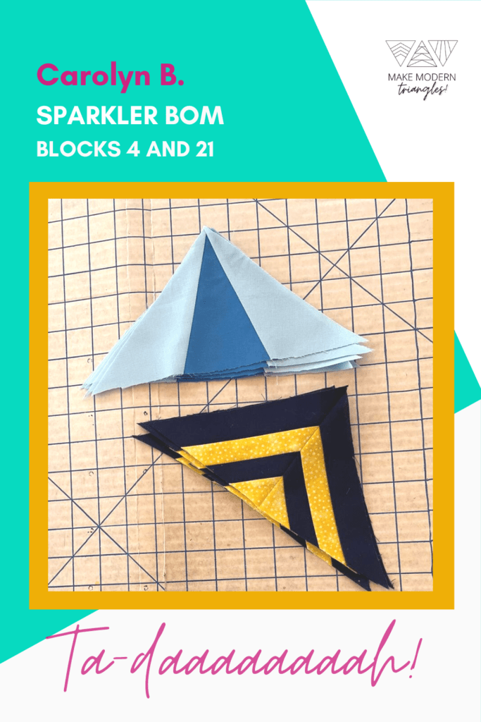 Photo of Make Modern Triangles member's Sparkler BOM blocks 4 and 21 made in yellow, black and blue fabrics. 