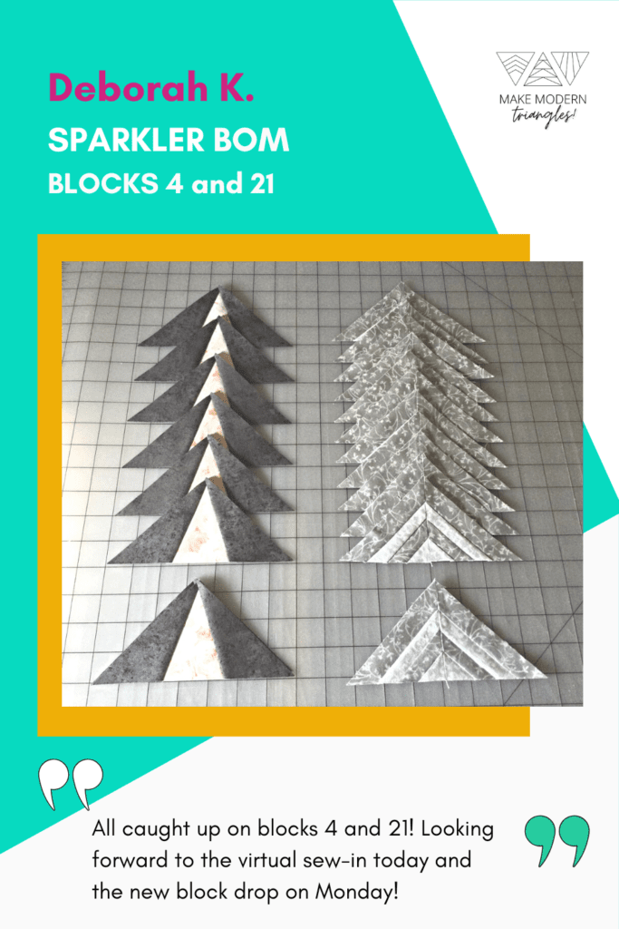 Photo of Make Modern Triangles member's Sparkler BOM blocks 4 and 21 made in gray and neutral fabrics.