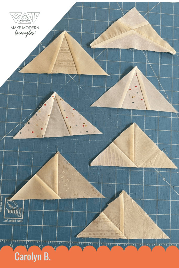 A block from Modern Triangle Quilts book samples made by MMT member Carolyn B.for the Spooky Summer Quilt Along.