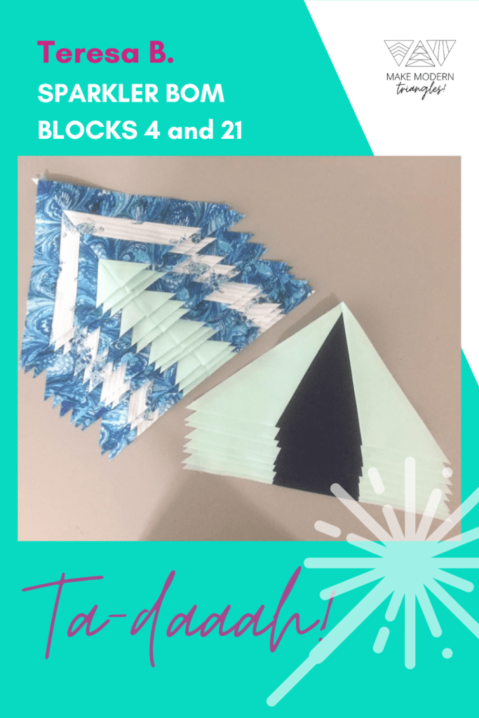 Photo of Make Modern Triangles member's Sparkler BOM blocks 4 and 21 made in blue print, mint, ecru and navy fabrics. 