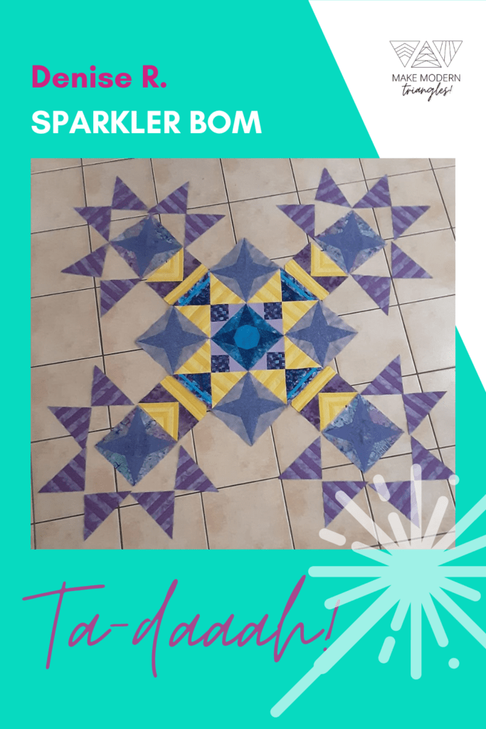 Photo of Make Modern Triangles member's Sparkler BOM blocks 4 and 21 made in yellow, green and red fabrics. 