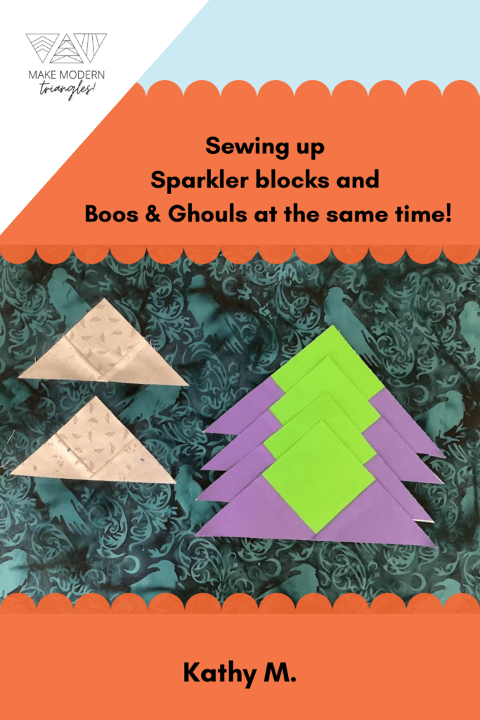 Blocks made by MMT member for the Spooky summer quilt along in neutral print fabrics. Sparkler BOM blocks in neon green and purple fabrics.