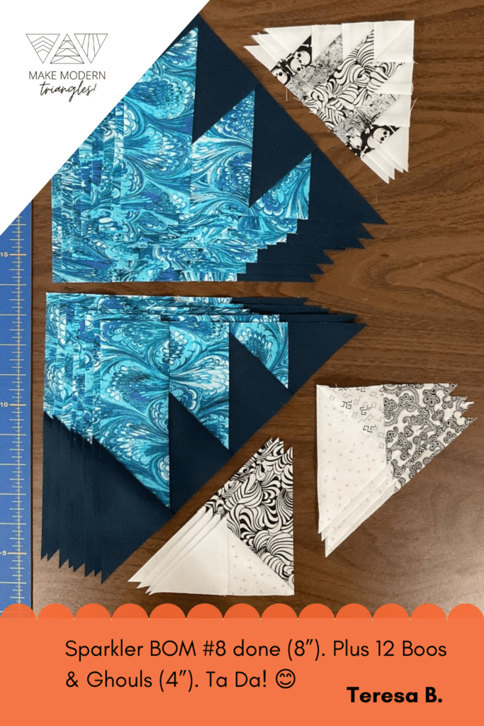 Blocks made by MMT member for the Spooky summer quilt along in neutral print fabrics. Sparkler BOM blocks in teal and navy print and solid navy fabrics.