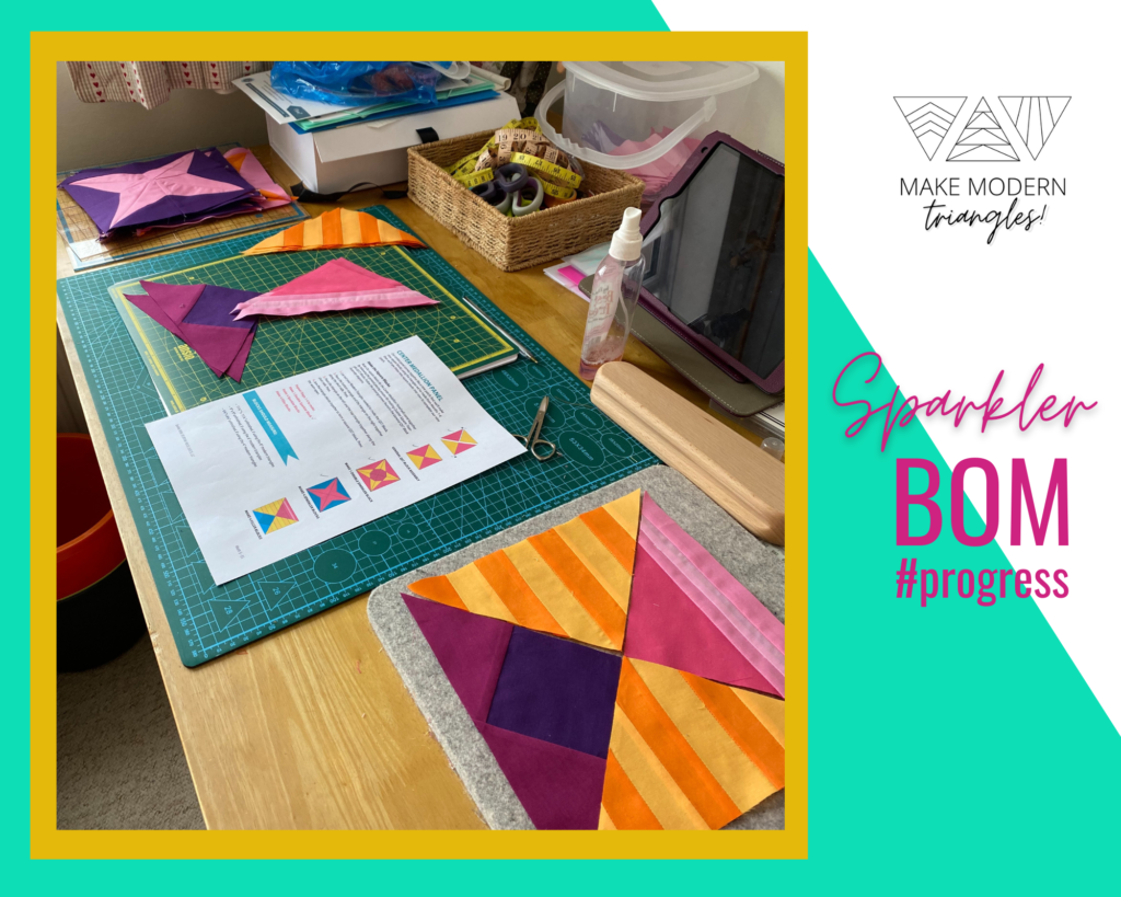 Cutting mat, instructions and modern triangles in bright colors.