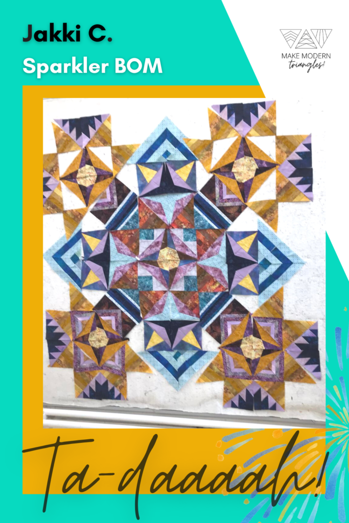 Sparkler BOM Jakki C.'s design wall with her block sets arranged in the quilt layout.