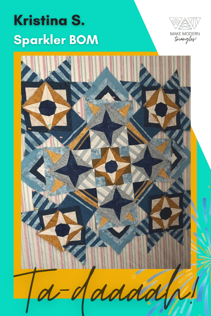 Sparkler BOM member make by Kristina S. shows her design wall with the completed triangle blocks in a layout view.