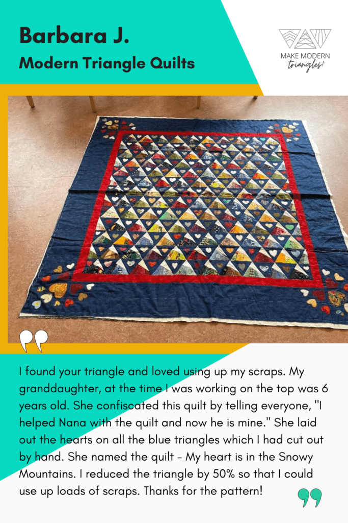 Barbara J. shows a modern triangle quilt using a block from the book Modern Triangle Quilts.