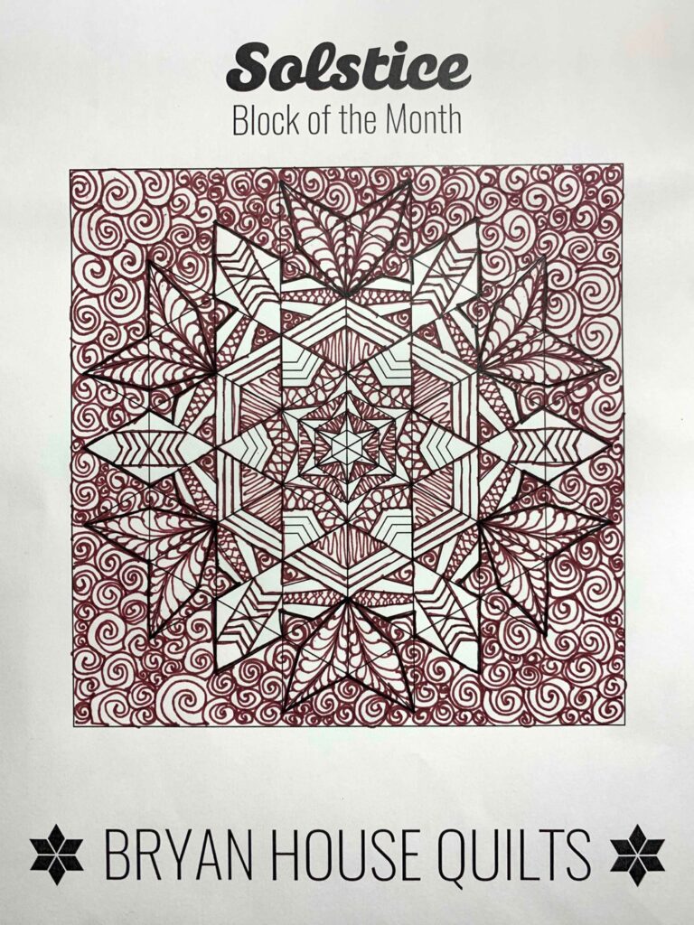 Solstice BOM quilt design coloring page with doodled quilt designs for stitching.