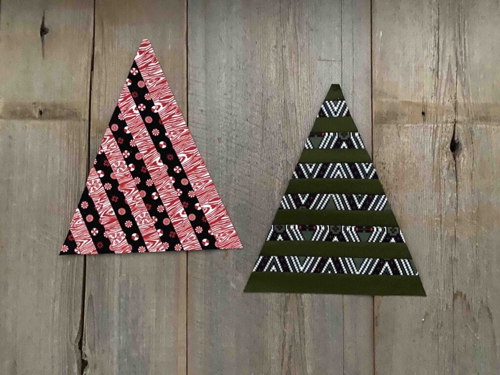 Merry Modern Triangles Day 3 striped triangle trees in red, white and black fabrics.