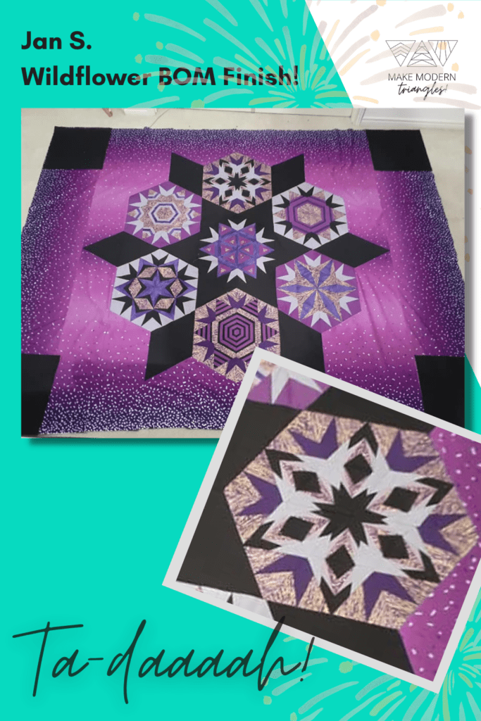 Wildflower BOM quilt made by Make Modern Triangles member Jan S. in purple solid and print fabrics.